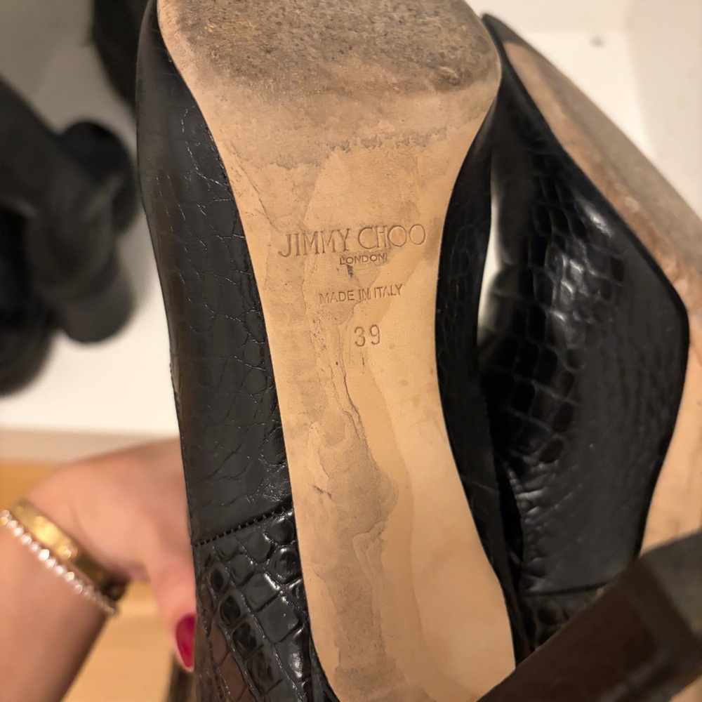EUC JIMMY CHOO Black Mavis 85 Croc-Embossed Leather Pointed-Toe High Boots 8 39 - Picture 7 of 12